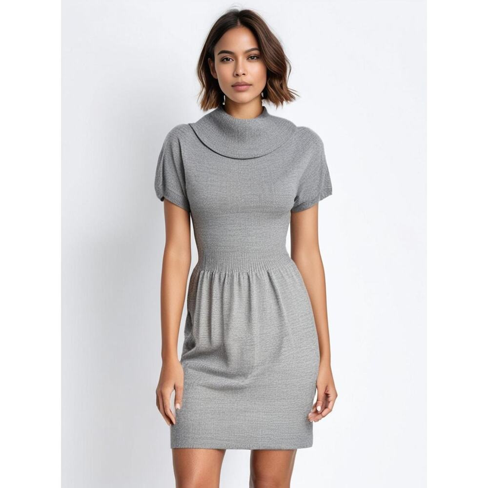 Ann Taylor LOFT Petites Gray Sweater‎ Dress Medium Short Sleeve Cowl Neck